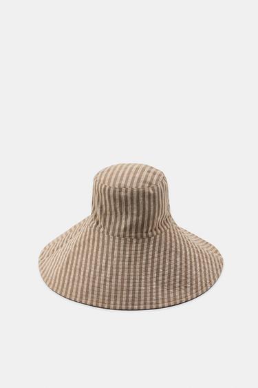 Zara 100% LINEN REVERSIBLE STRIPED HAT - Blue