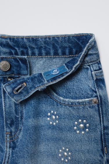 Zara STUDDED FRINGED DENIM SHORTS - Blue