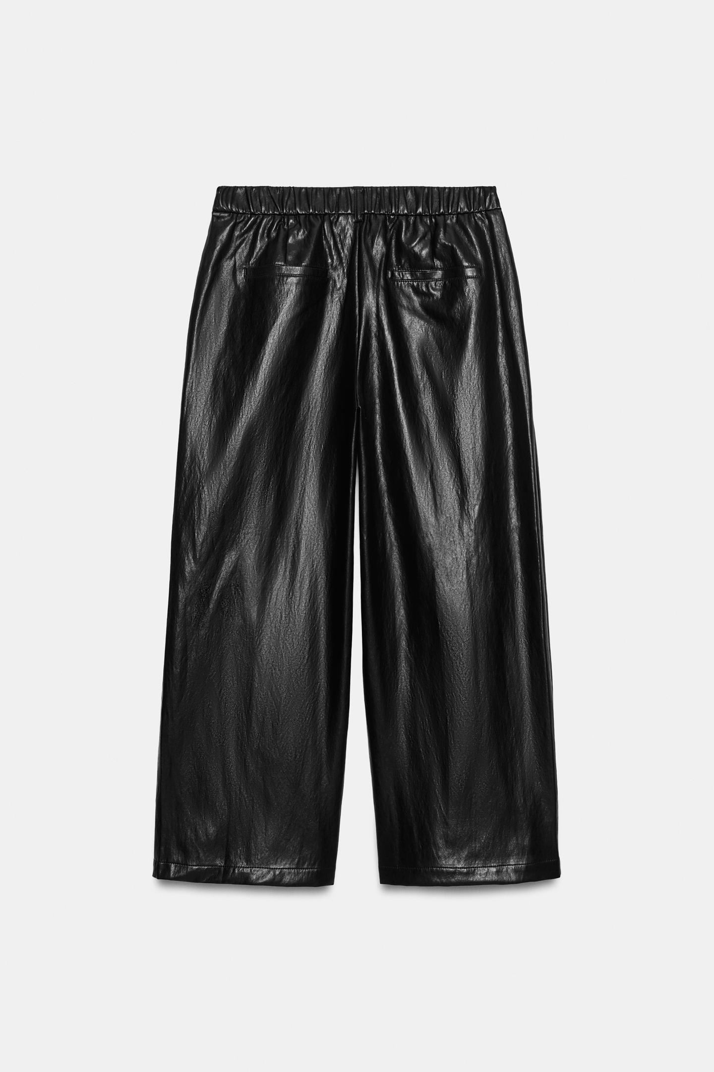 Женские брюки Zara Faux Leather Pleated Culotte, цвет: Чёрный — фото 7