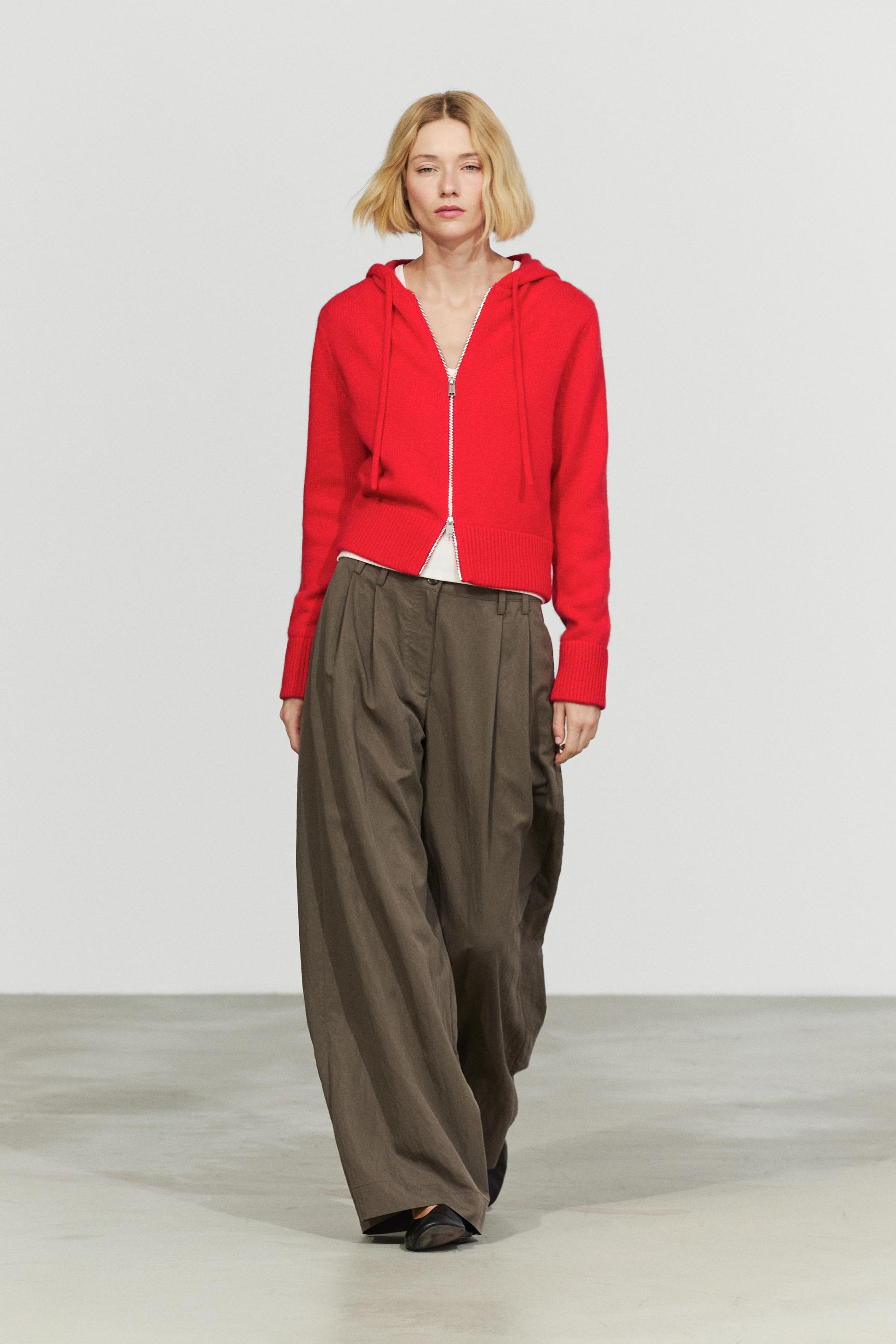 100% cashmere hooded zip-up cardigan — Red