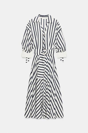 STRIPED MIDI DRESS WITH BELT - Navy / White by Zara - Image 4