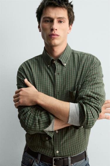REGULAR FIT CHECK SHIRT - Brown / Green by Zara - Image 4