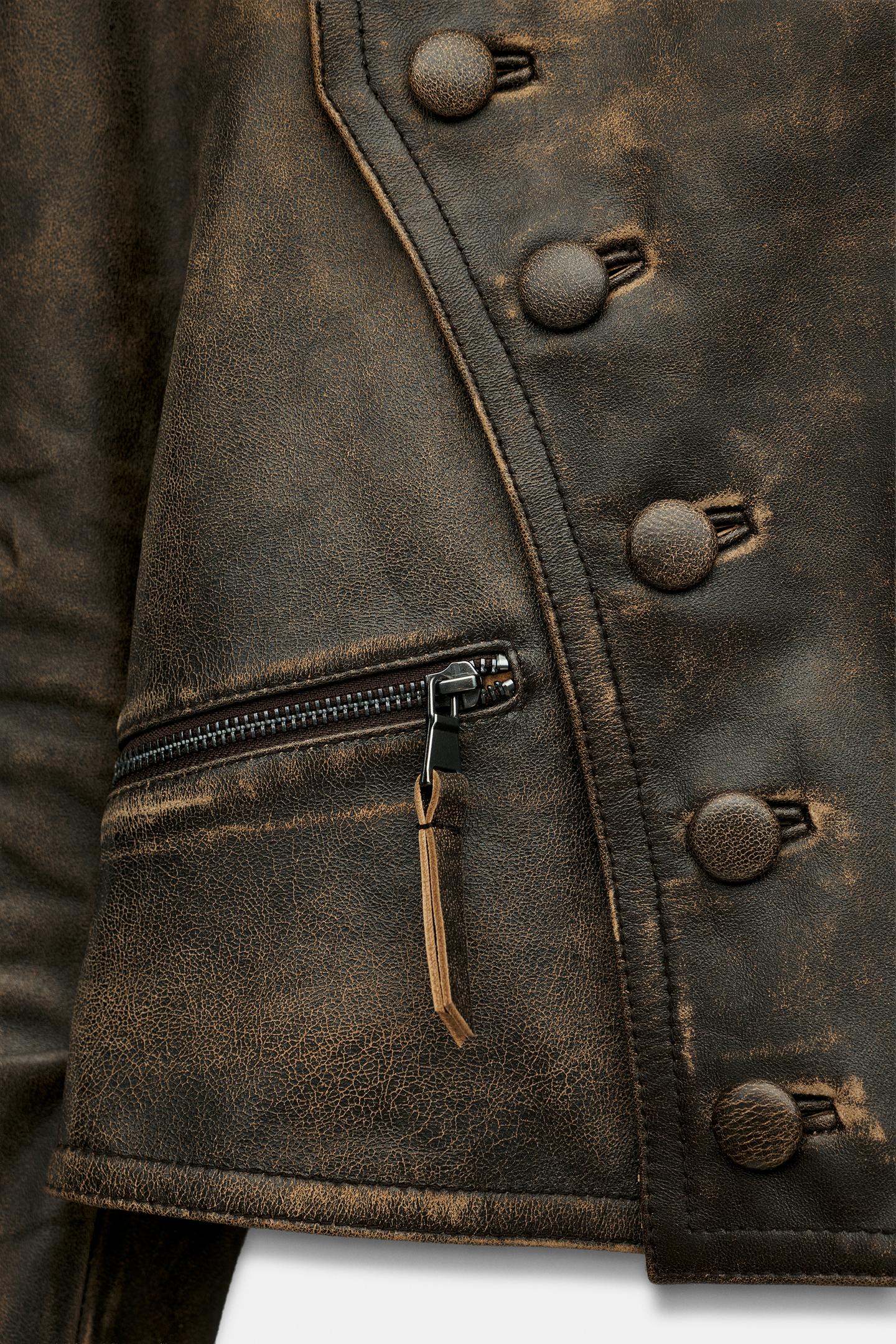 Женская куртка Zara ZW Collection 100% Leather Button, цвет: Коричневый — фото 5