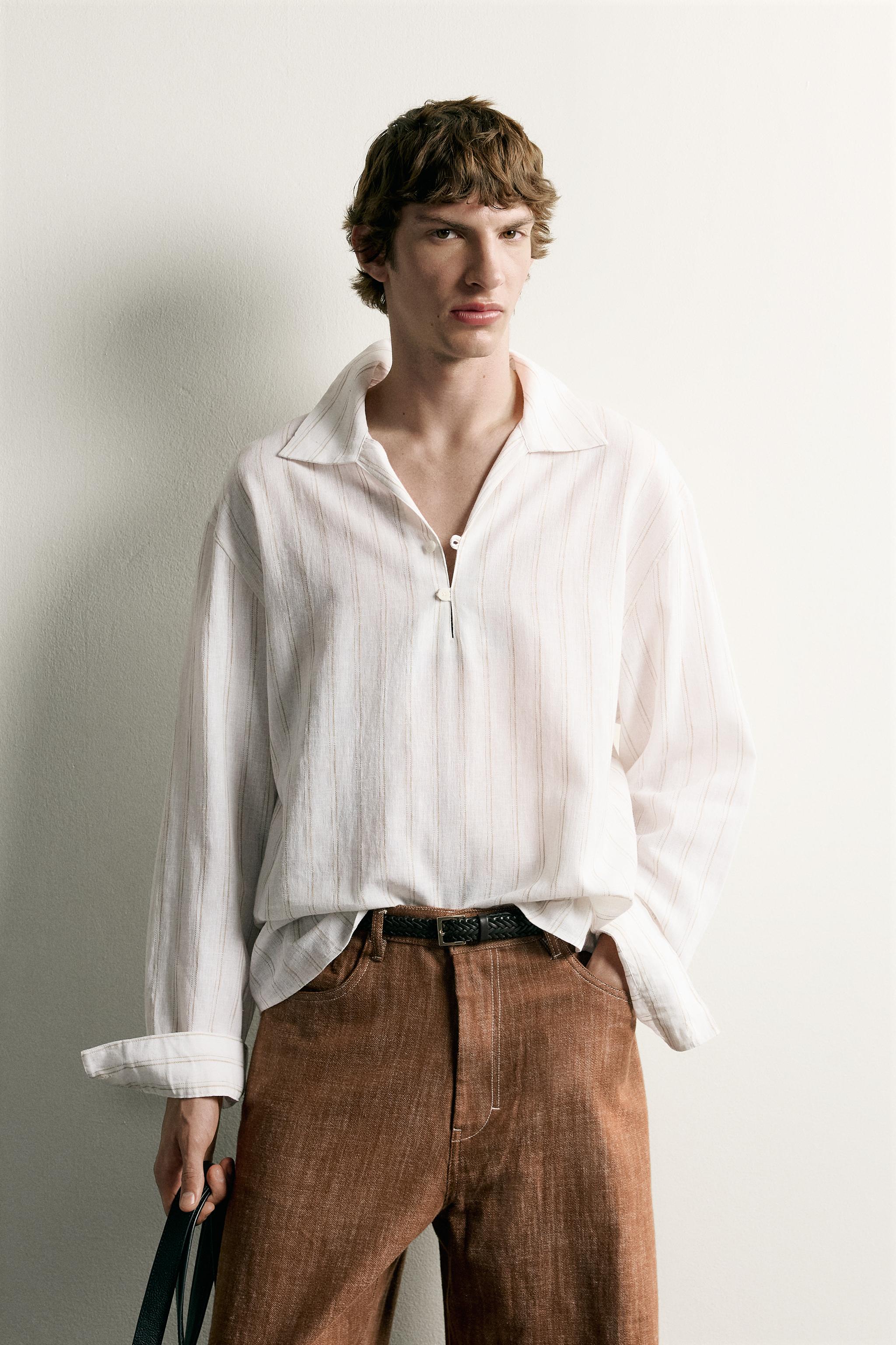 STRIPED COTTON-LINEN POLO SHIRT