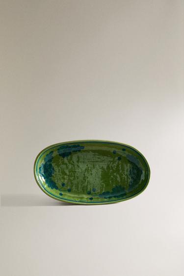 FLORAL OVAL STONEWARE SERVING DISH - Blue / Green by Zara