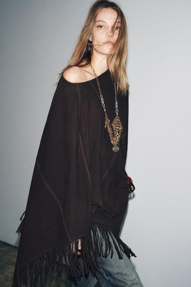CAPE EN CUIR AVEC FRANGES - Marron de Zara - Image 1