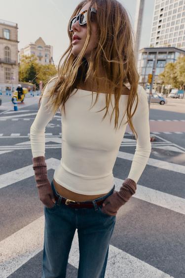 CAMISETA RIB MANGA LARGA - Blanco roto de Zara