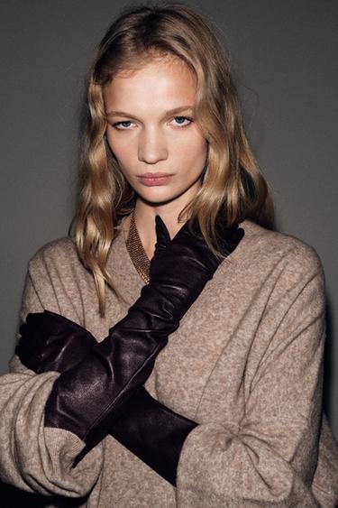 Zara 100% 真皮長手套 - 暗紅色