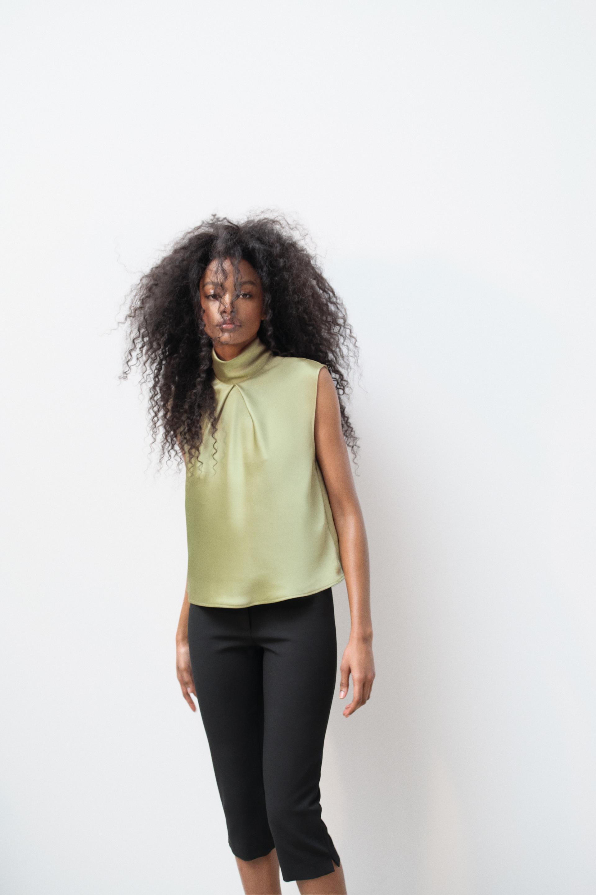 HIGH COLLAR SATIN EFFECT TOP - Olive Green
