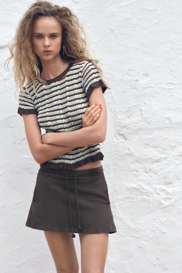 Zara STRIPED T-SHIRT WITH RUFFLES - Khaki
