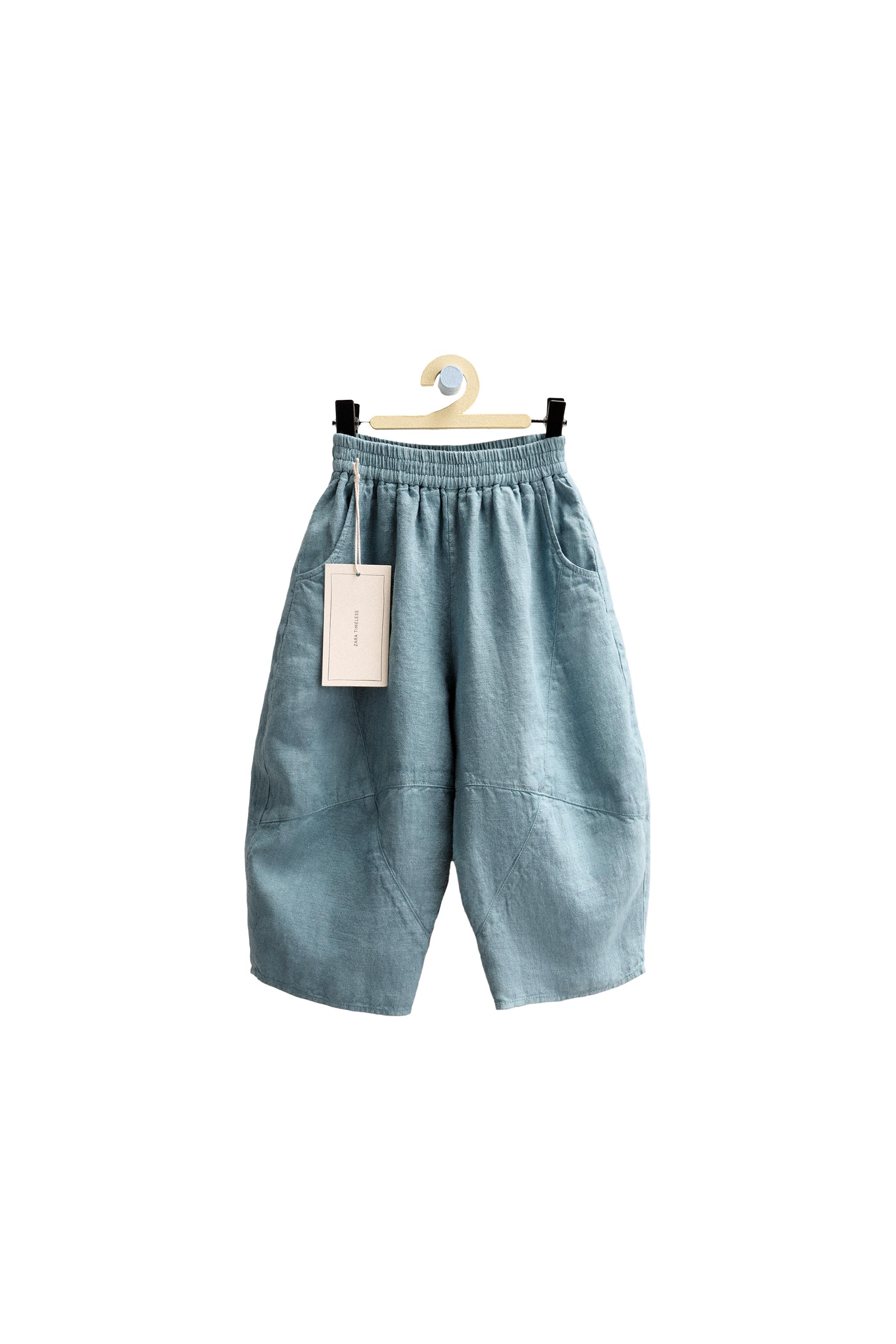 ZARA TIMELESS - 100% LINEN BALLOON PANTS WITH CUT-OUTS - Mid-blue