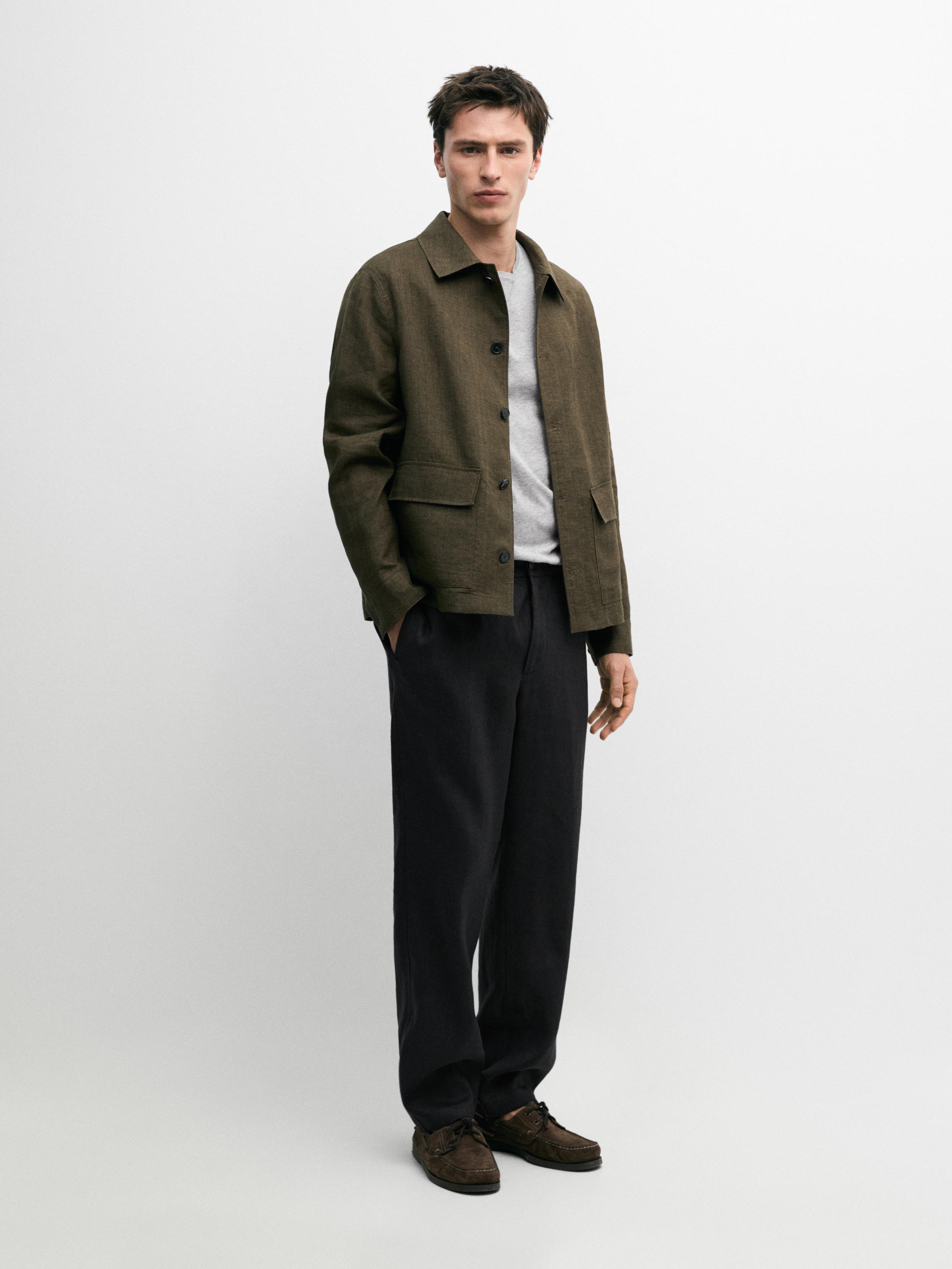 100% linen overshirt with striped pocket details
