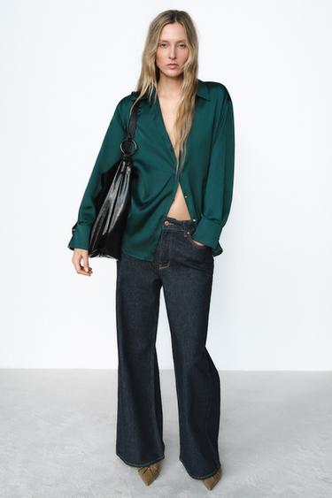 Zara SATIN EFFECT BASIC SHIRT - Bottle green - Image 0