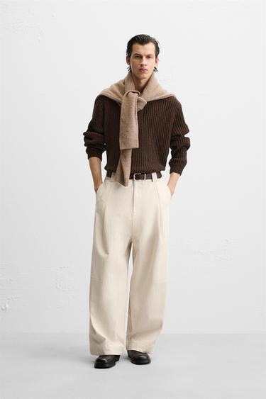 Zara HERRINGBONE WIDE FIT PANTS - Ecru - Image 0