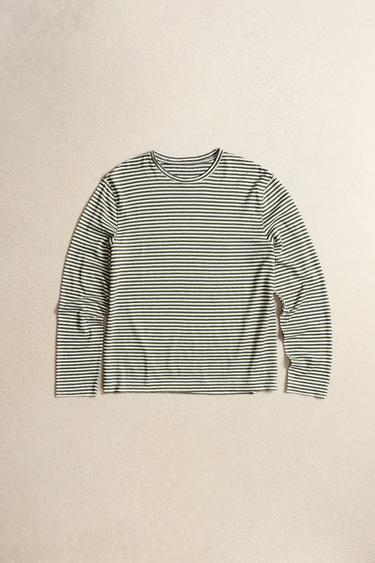 Zara REGULAR FIT STRIPED LINEN BLEND T-SHIRT - Striped