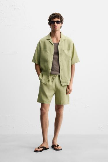 100% LINEN BERMUDA SHORTS - Green by Zara