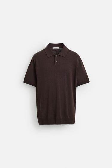 SILK AND LINEN KNIT POLO SHIRT - Dark brown by Zara