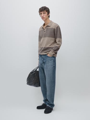 Pull polo à rayures en maille de laine mélangée - Noir or de Zara - Image 0