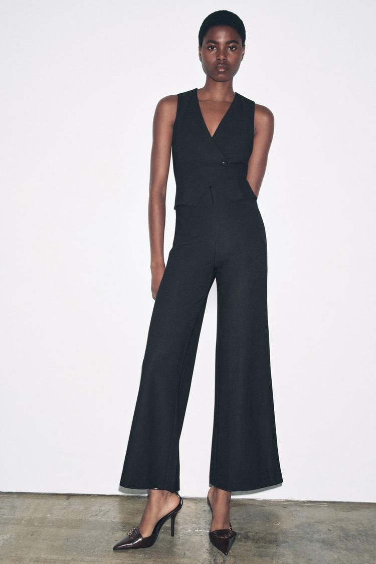 LONG CREPE JUMPSUIT WITH WAISTCOAT DETAIL Black ZARA United