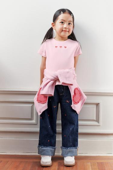 RIBBED CUT-OUT HEART T-SHIRT - Pastel pink by Zara