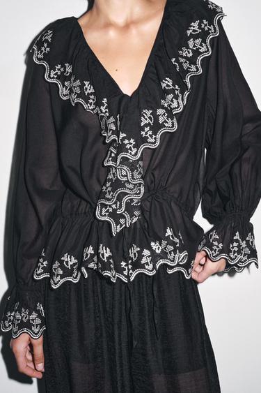ZW COLLECTION EMBROIDERED RUFFLE BLOUSE - Black by Zara - Image 4