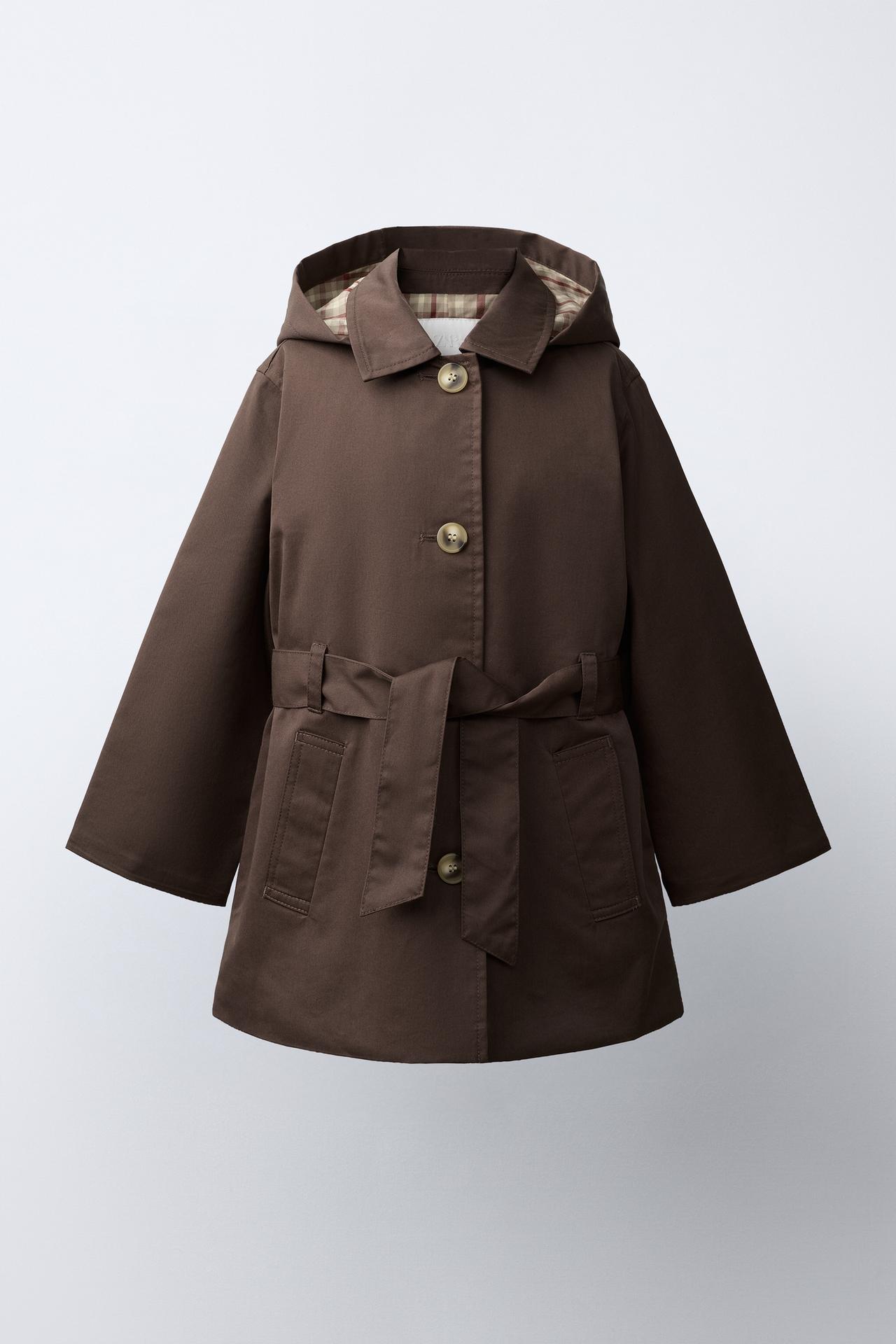 HOODED PLAID-LINED TRENCH COAT — Brown