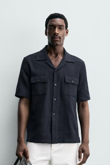 CAMISA JACQUARD RAYAS BOLSILLOS - Marino de Zara