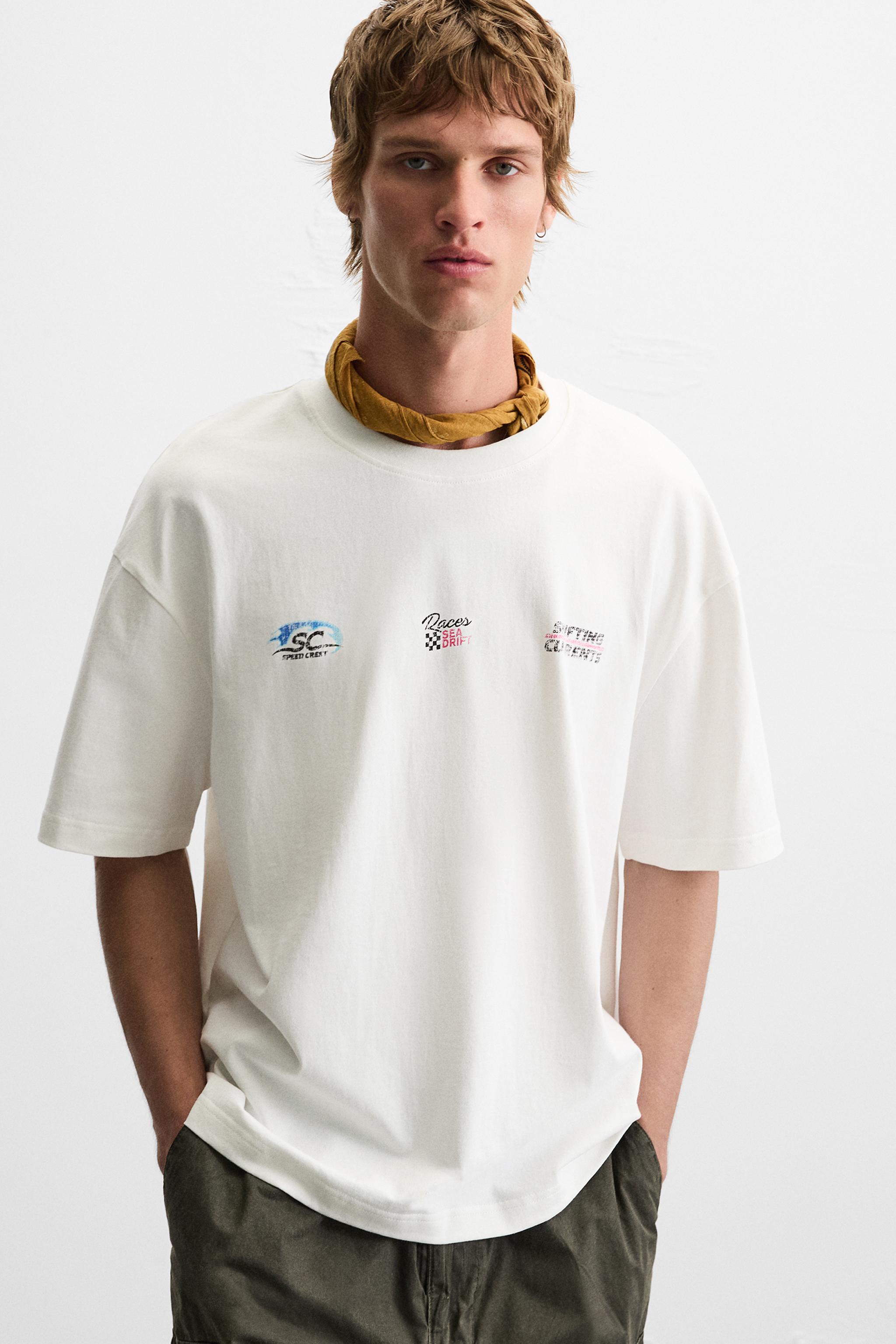 レーシングウォッシュ加工プリントTシャツ - オフホワイト