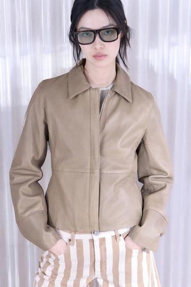 Zara 100% 皮革合身西裝外套 - 米色
