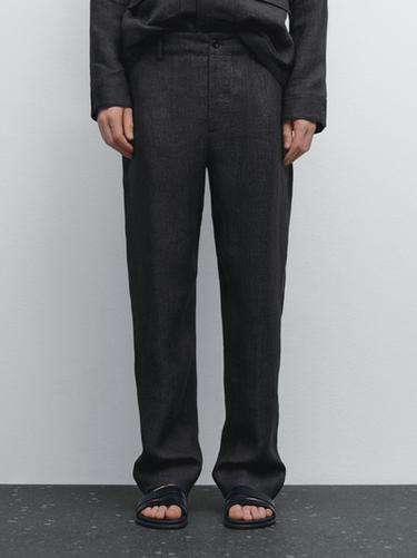Pantalon délavé 100 % lin - Bleu chiné de Zara