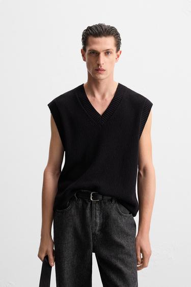 Zara TEXTURED KNIT VEST - Black