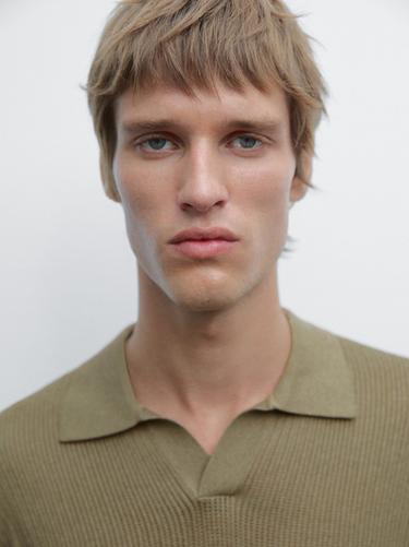 Zara Cutwork V-neck polo shirt - Khaki marl
