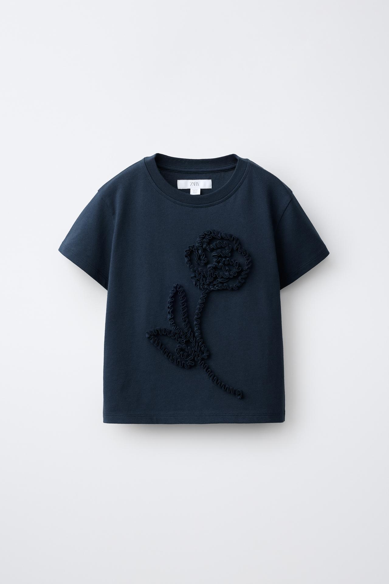 EMBOSSED TERRY FLOWER T-SHIRT — Navy blue