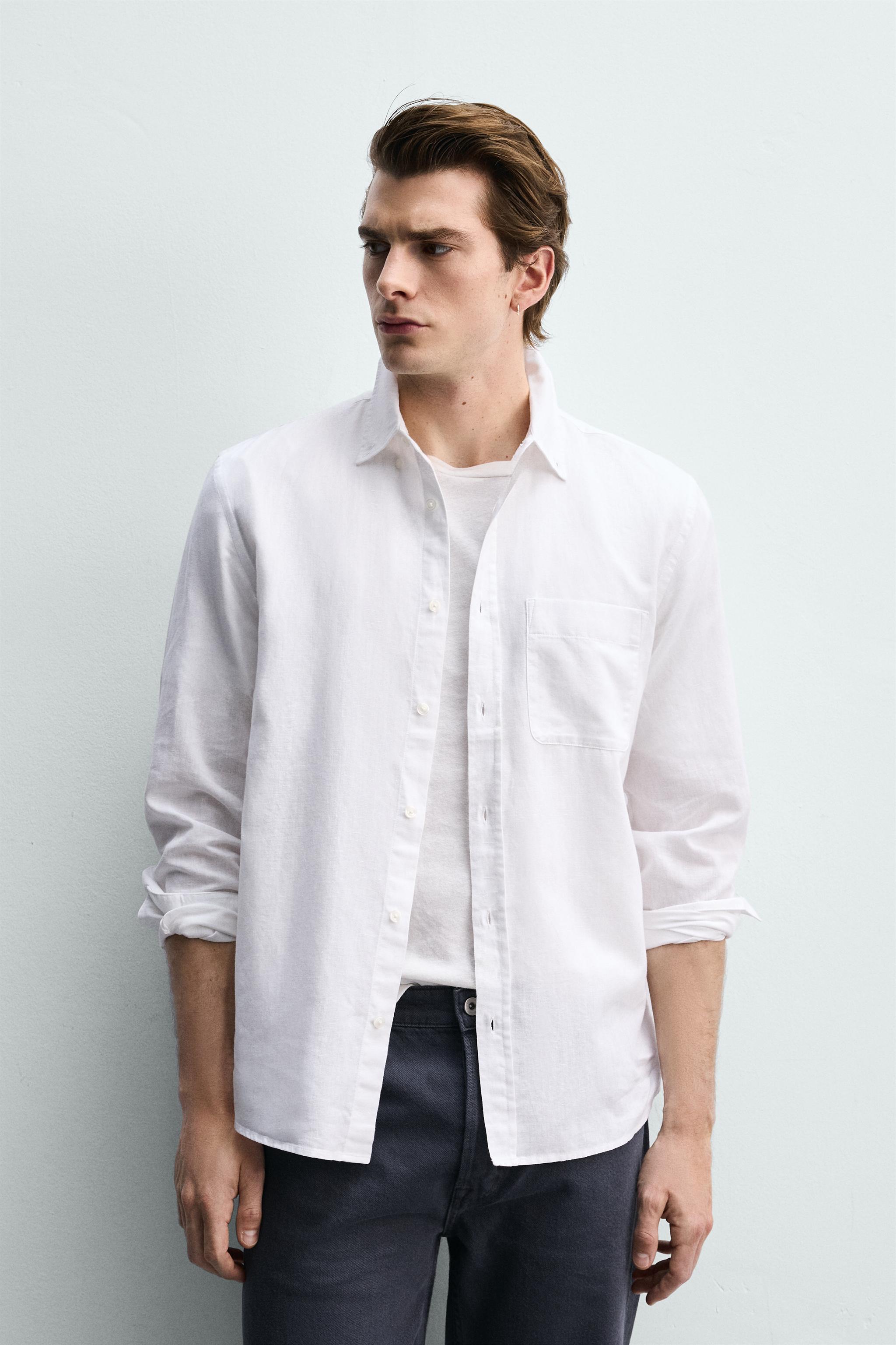 LINEN COTTON BLEND REGULAR FIT SHIRT — White (alternate view)