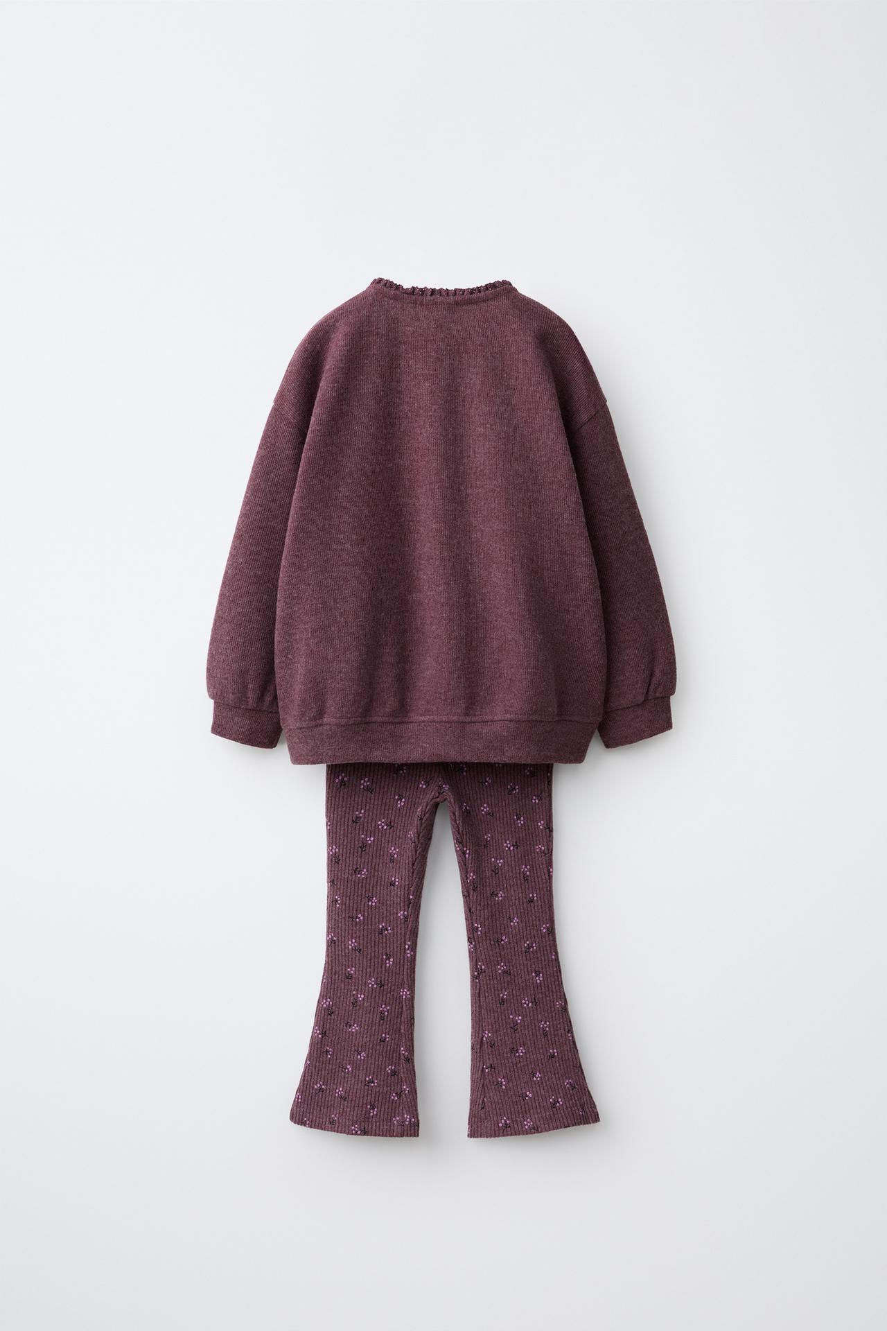 FLORAL PRINT SWEATSHIRT AND FLARE LEGGINGS SET — Burgundy