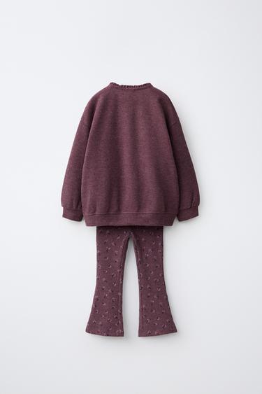 FLORAL PRINT SWEATSHIRT AND FLARE LEGGINGS SET — Burgundy 2