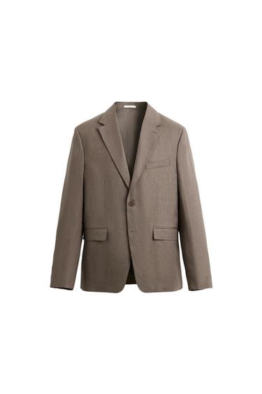 Front view of a brown jacket with lapel and flap pockets.