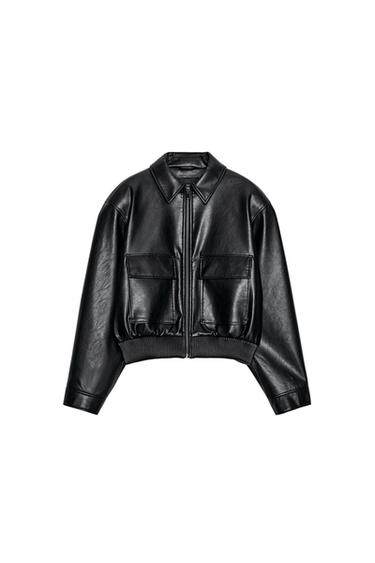 CAZADORA BOMBER EFECTO PIEL HOMBRERAS - Negro de Zara
