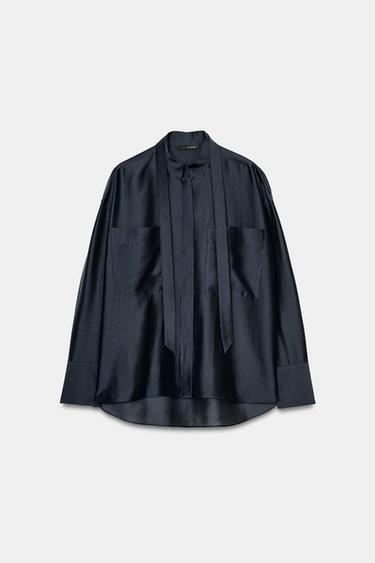 SHIRT WITH POCKETS AND TIE ZW COLLECTION - Navy blue by Zara - Image 3