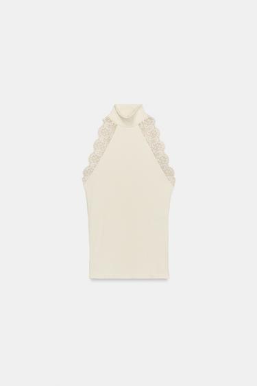 Zara RIB LACE TOP - Ecru