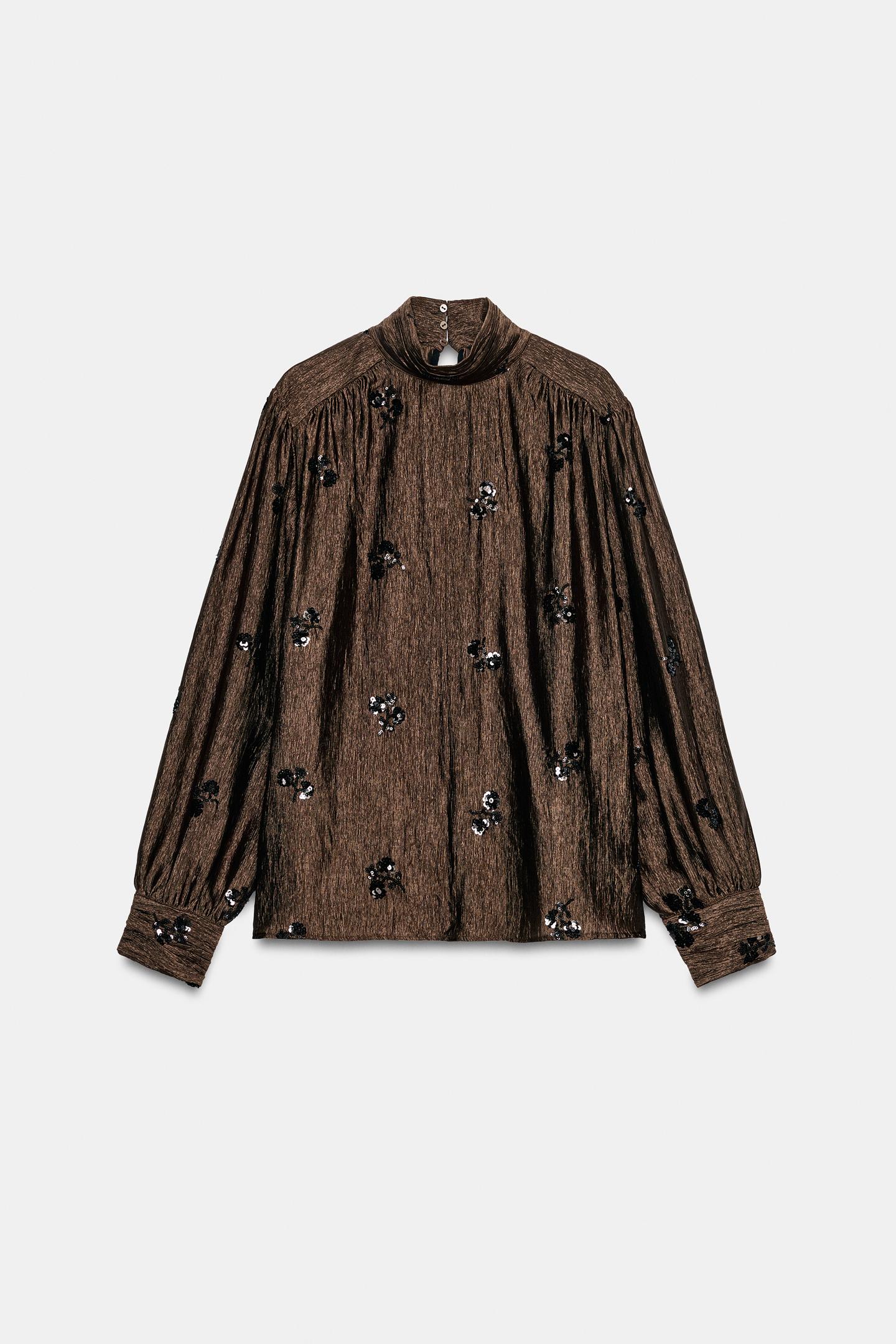 Женская блузка Zara Sequin Floral, цвет: Коричневый — фото 6