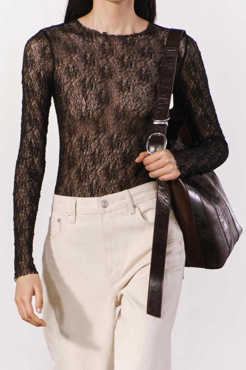 New Zara Black Semi Sheer BodySuit Size S 