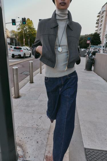 HERRINGBONE CROPPED BLAZER - Dark grey by Zara - Image 3