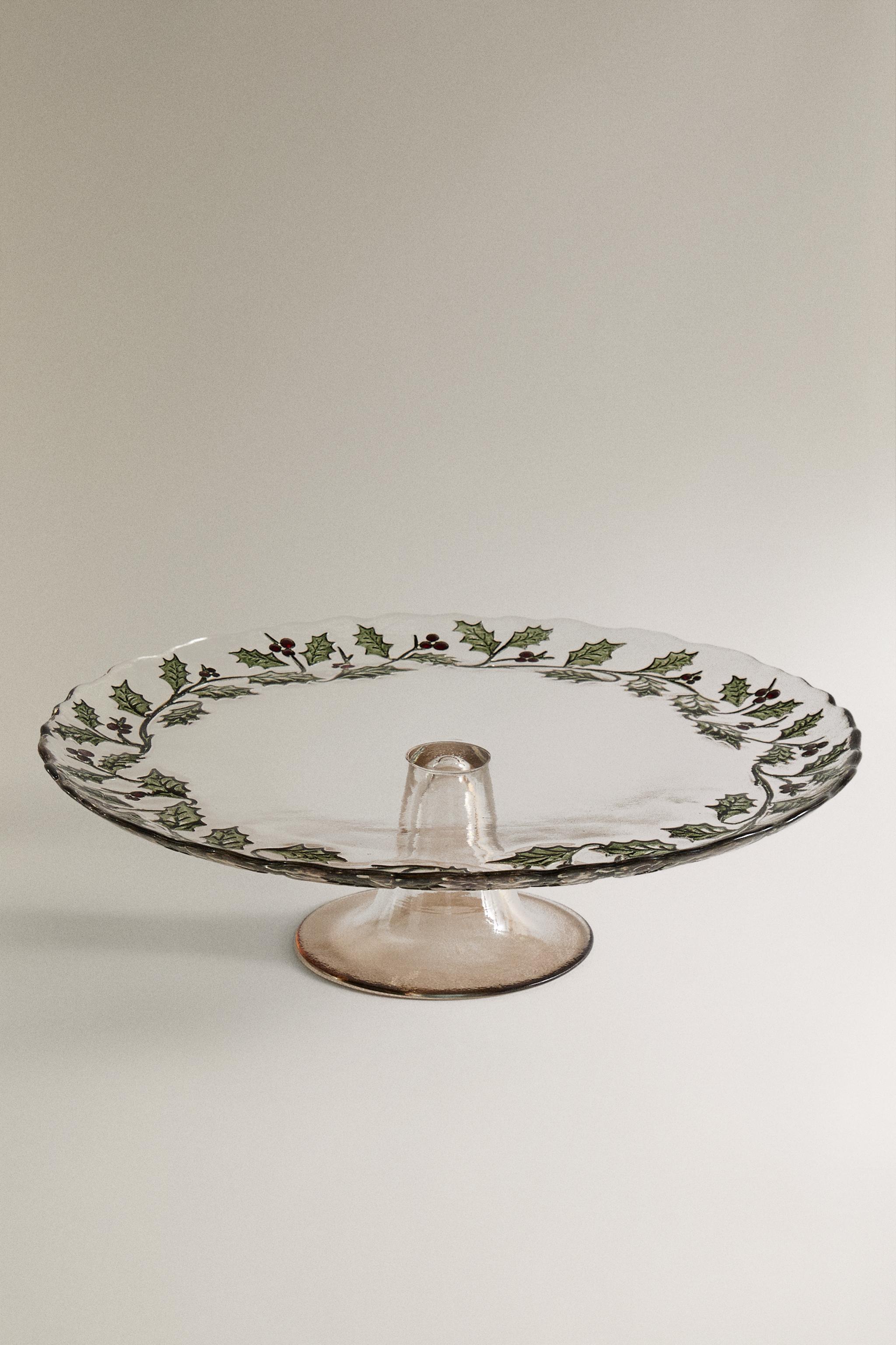 CHRISTMAS HOLLY LEAF GLASS CAKE DISH