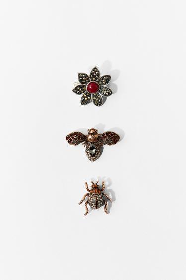 Zara PACK OF 3 SPARKLY FLOWER AND INSECT BROOCHES - Gold / Silver