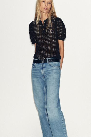 TOP EN MAILLE POINTELLE COL POLO - Noir de Zara - Image 1