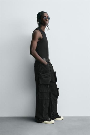 PANTALON CARGO EN DENIM À POCHES - Noir de Zara - Image 3
