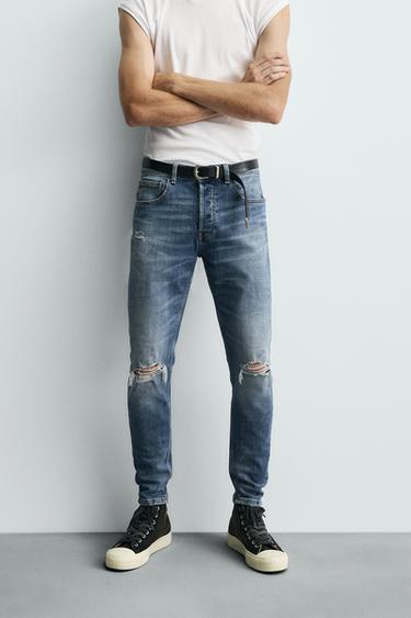 JEANS SKINNY FIT ستايل ممزّق - أزرق وسط الخاص بـ Zara