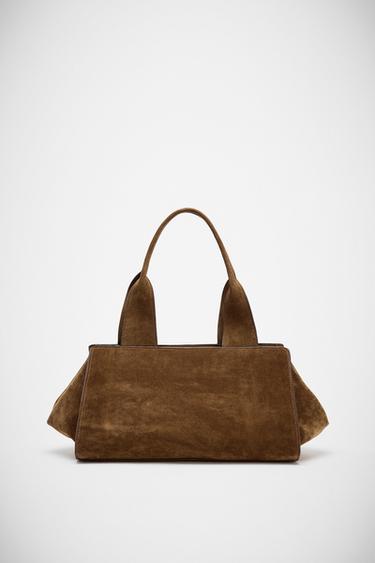 BOLSA DE COURO EM CROUTE DUPLA ALÇA - Castanho-conhaque da Zara