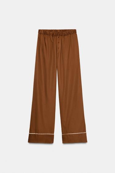 PANTALON STYLE PYJAMA EN POPELINE AVEC CONTRASTE - Marron de Zara - Image 3